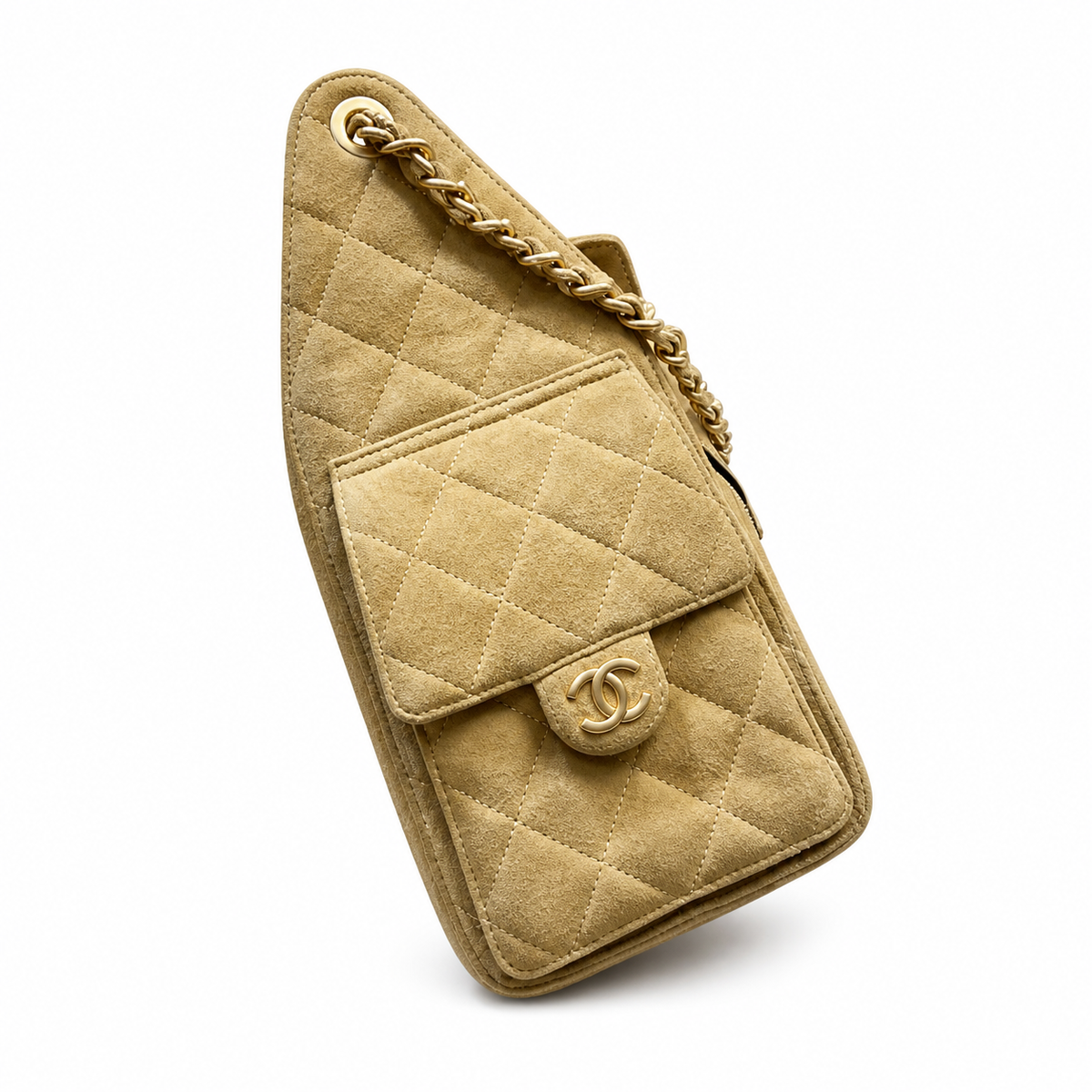 Chanel Quilted Suede Drawstring Bucket Bag Beige Gold Chain Tassel