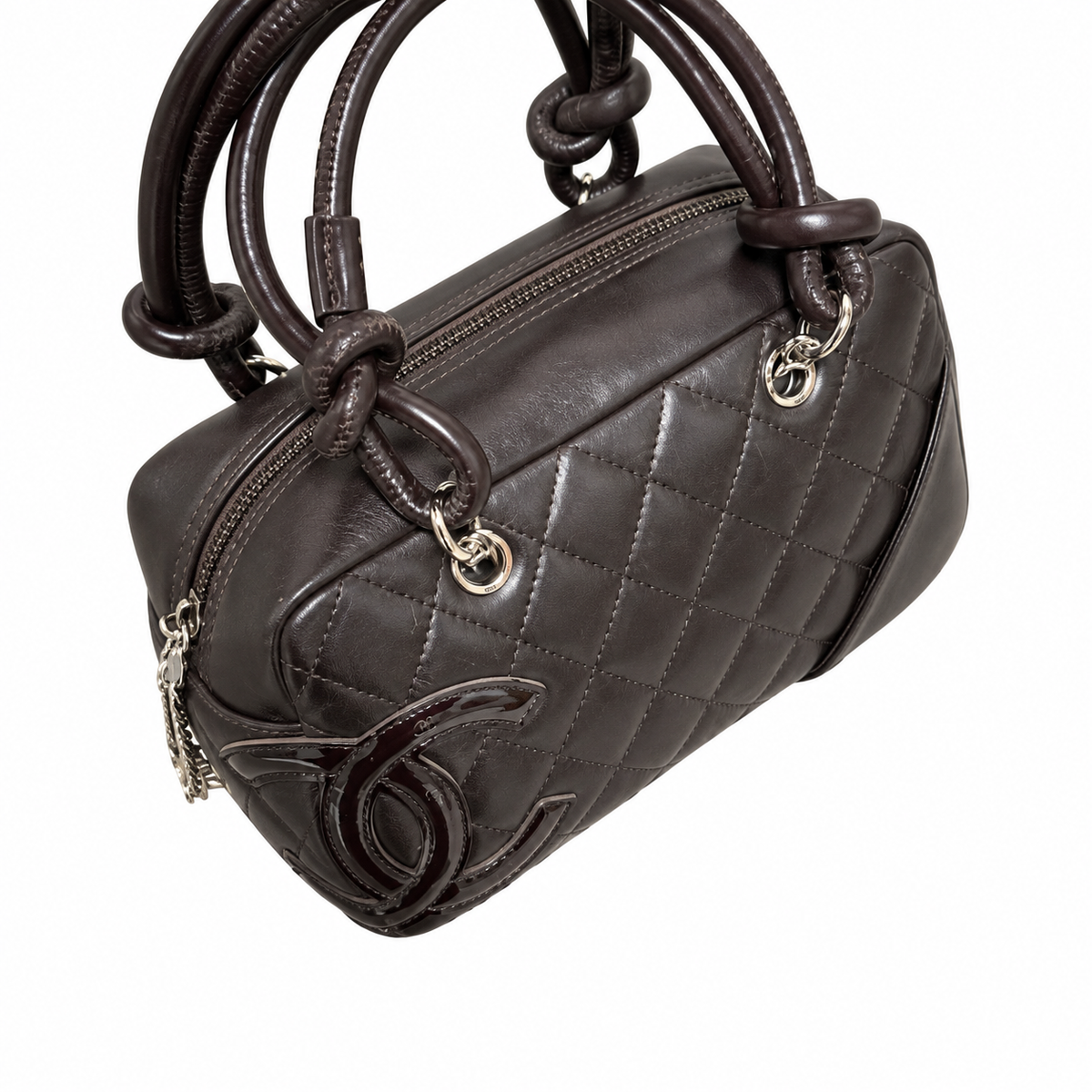 Chanel Cambon Mini Bowler Bag | Dark Brown Quilted Lambskin CC Logo Silver Hardware Orange Lining | 21cm