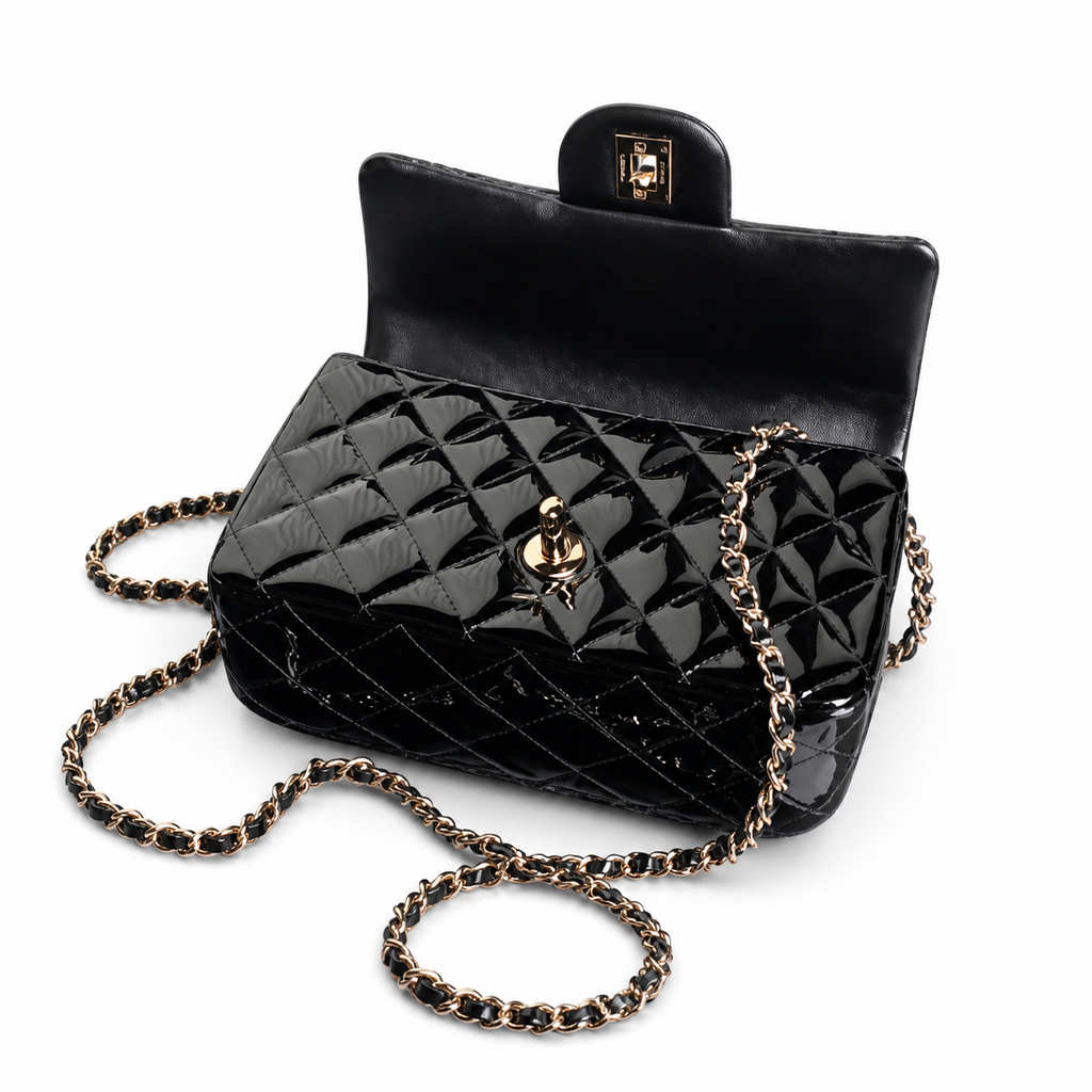 Chanel Black Patent Leather Quilted Mini Flap Bag | Top Handle & Gold CC | 20cm