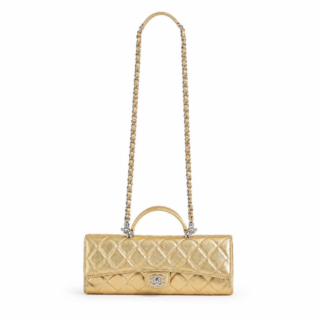 Chanel Gold Quilted Metallic Leather Elongated Flap Bag | CC Lock | 9.5×25×5cm