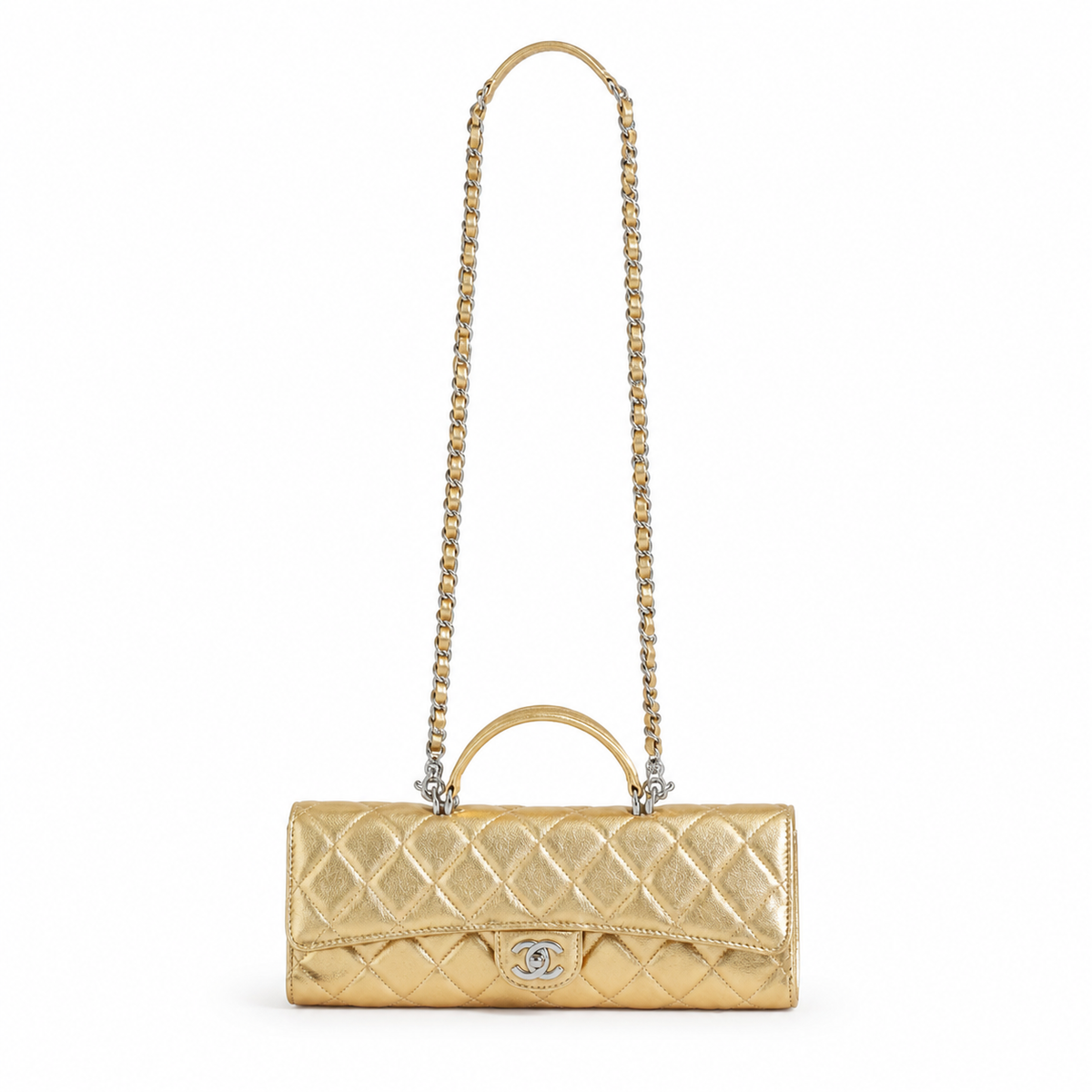 Chanel Gold Quilted Metallic Leather Elongated Flap Bag | CC Lock | 9.5×25×5cm