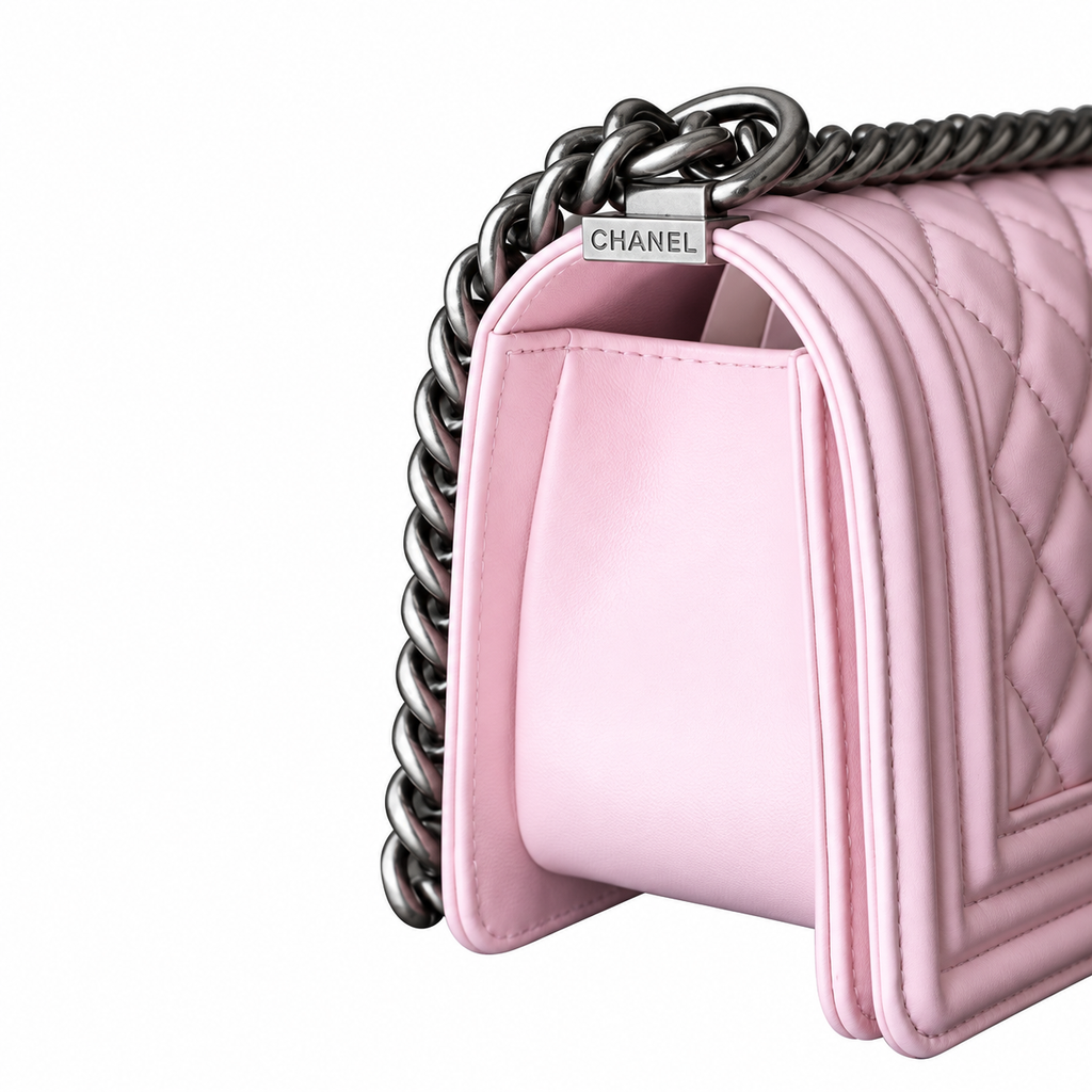 Chanel Boy Bag Small Light Pink Smooth Leather Ruthenium Silver Hardware Chunky Chain Crossbody 20cm