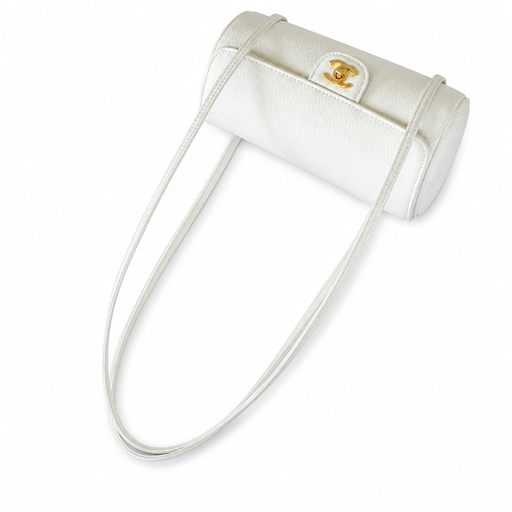 Chanel Vintage Cylinder Barrel Shoulder Bag White Smooth Leather Gold CC Turn-Lock Slim Strap 20.5cm