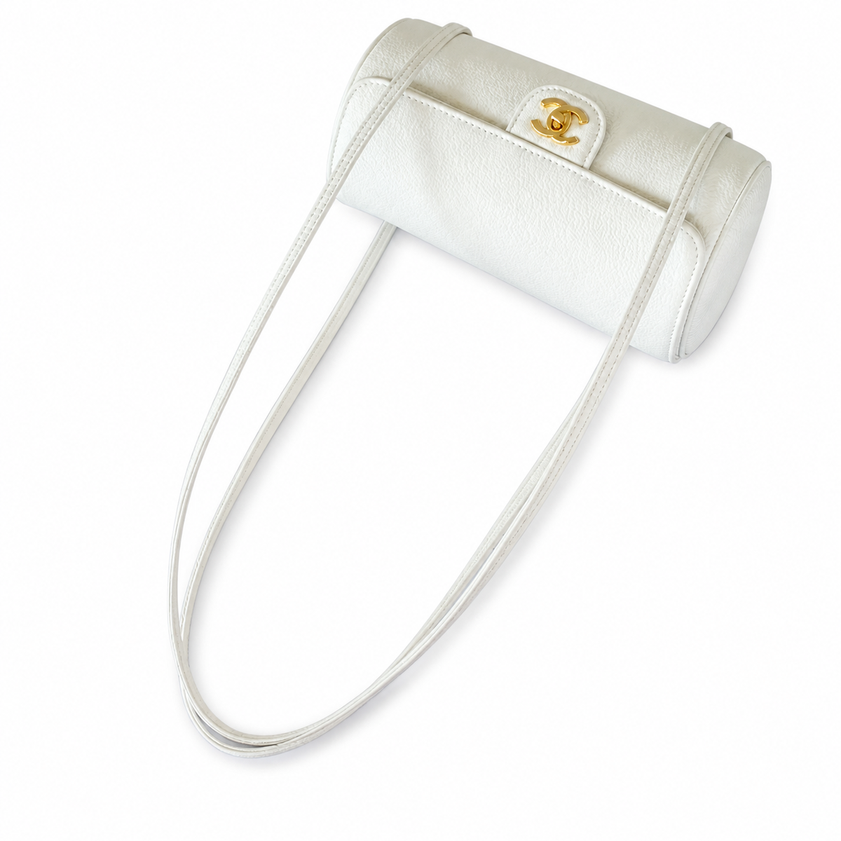 Chanel Vintage Cylinder Barrel Shoulder Bag White Smooth Leather Gold CC Turn-Lock Slim Strap 20.5cm