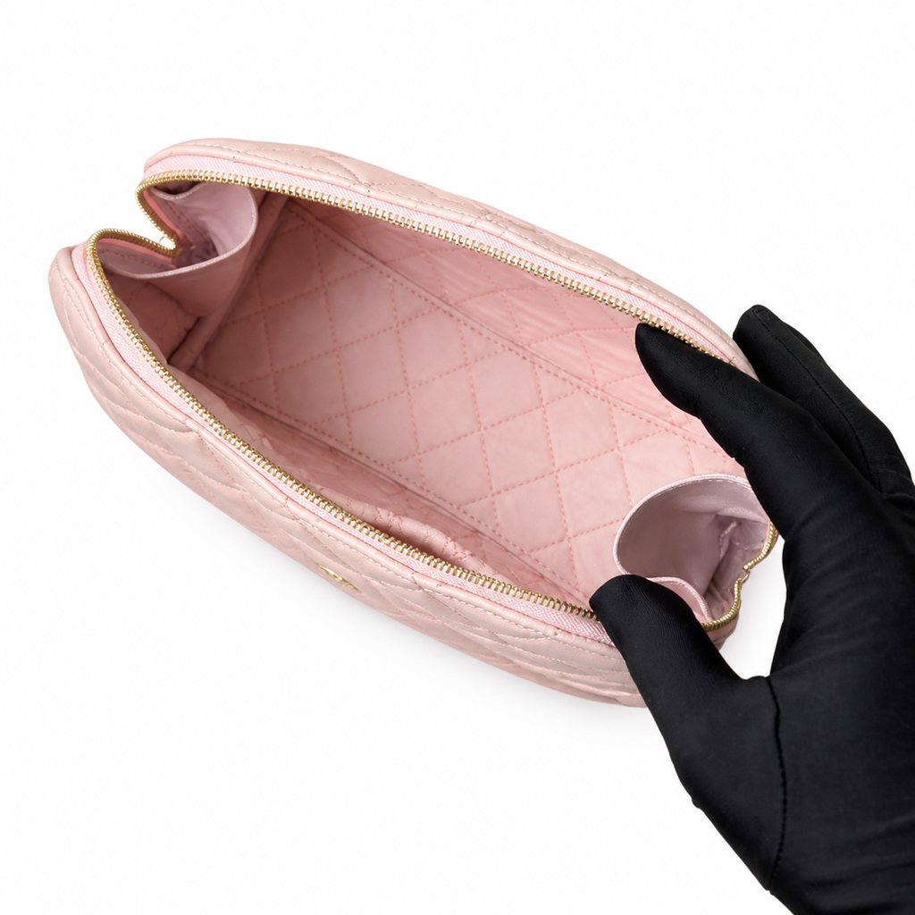 Chanel Light Pink Quilted Caviar Clamshell Cosmetic Pouch Beauty Case Gold CC Logo Gold Zipper 19cm