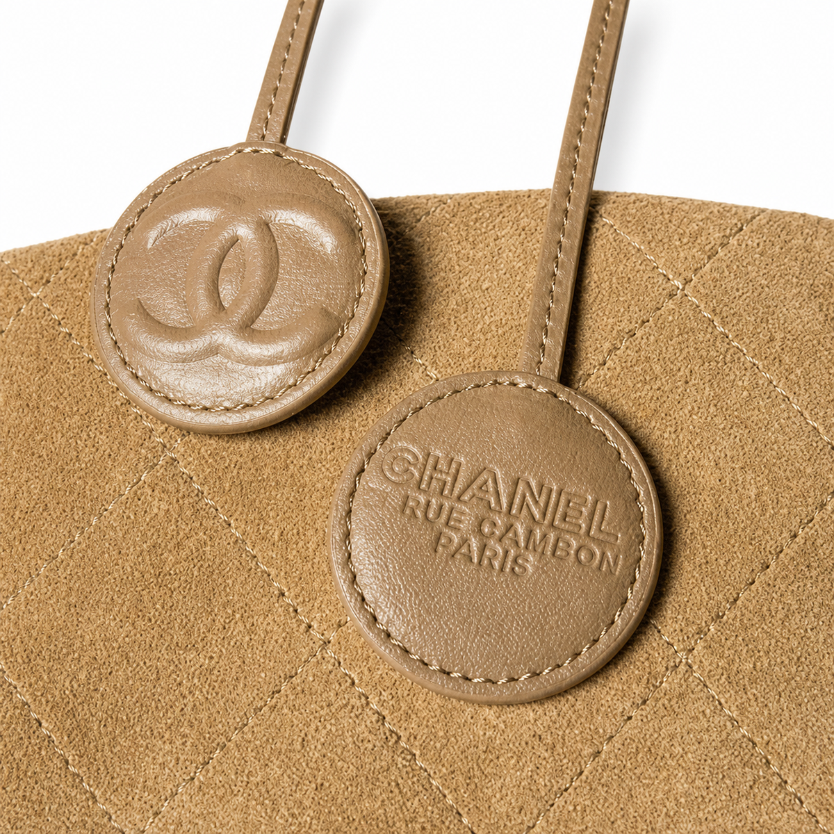 Chanel Camel Suede Quilted Bucket Crossbody Bag | Dual CC Leather Medallions | Top Handle & Strap | 20×18×12cm
