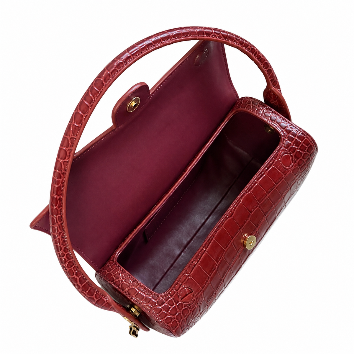 Chanel Burgundy Croc-Embossed Leather Barrel Flap Handbag | Gold CC | 11×23×12.5cm