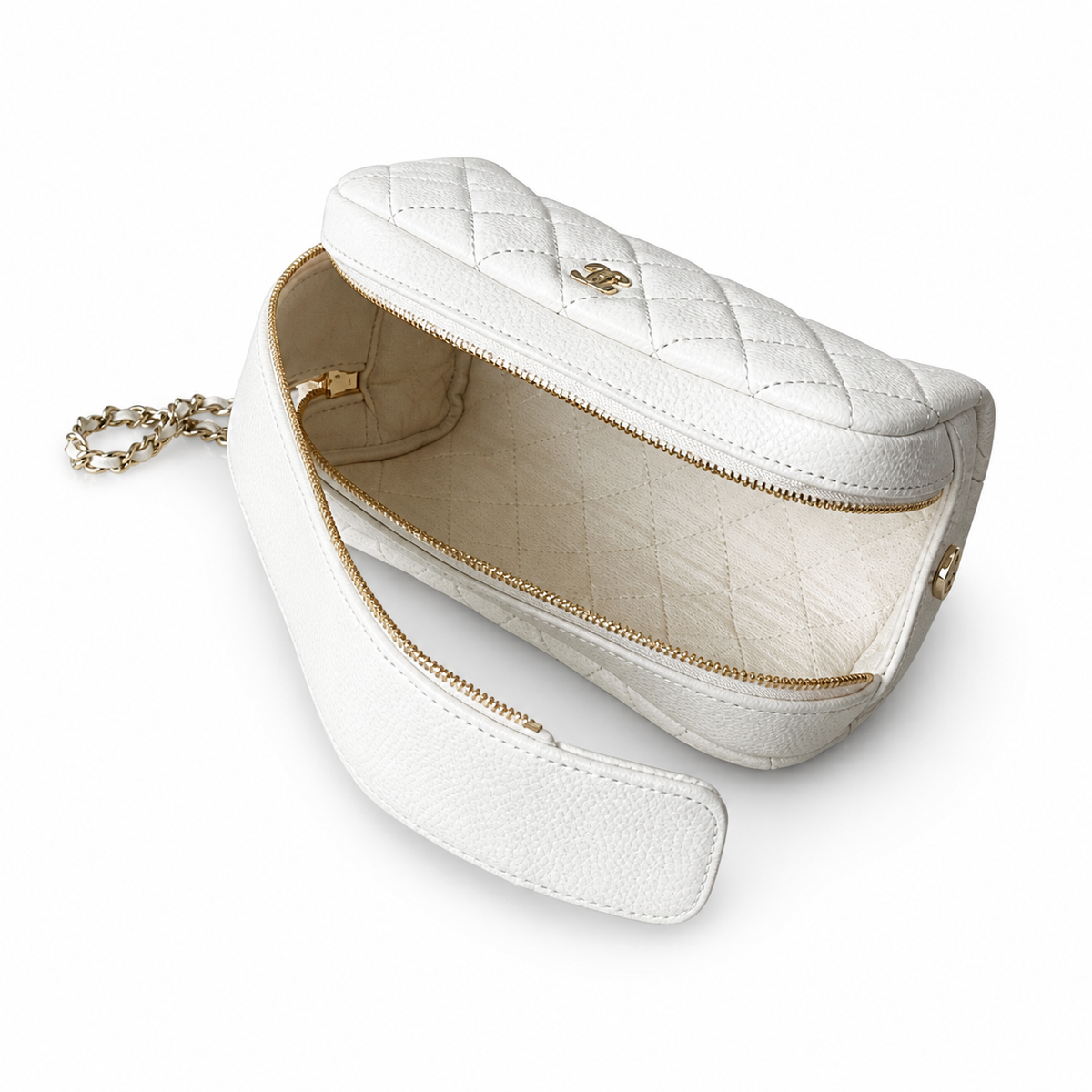 Chanel White Caviar Quilted Round Cylinder Clutch Tube Bag Gold CC Logo Silver Chain Strap 18cm