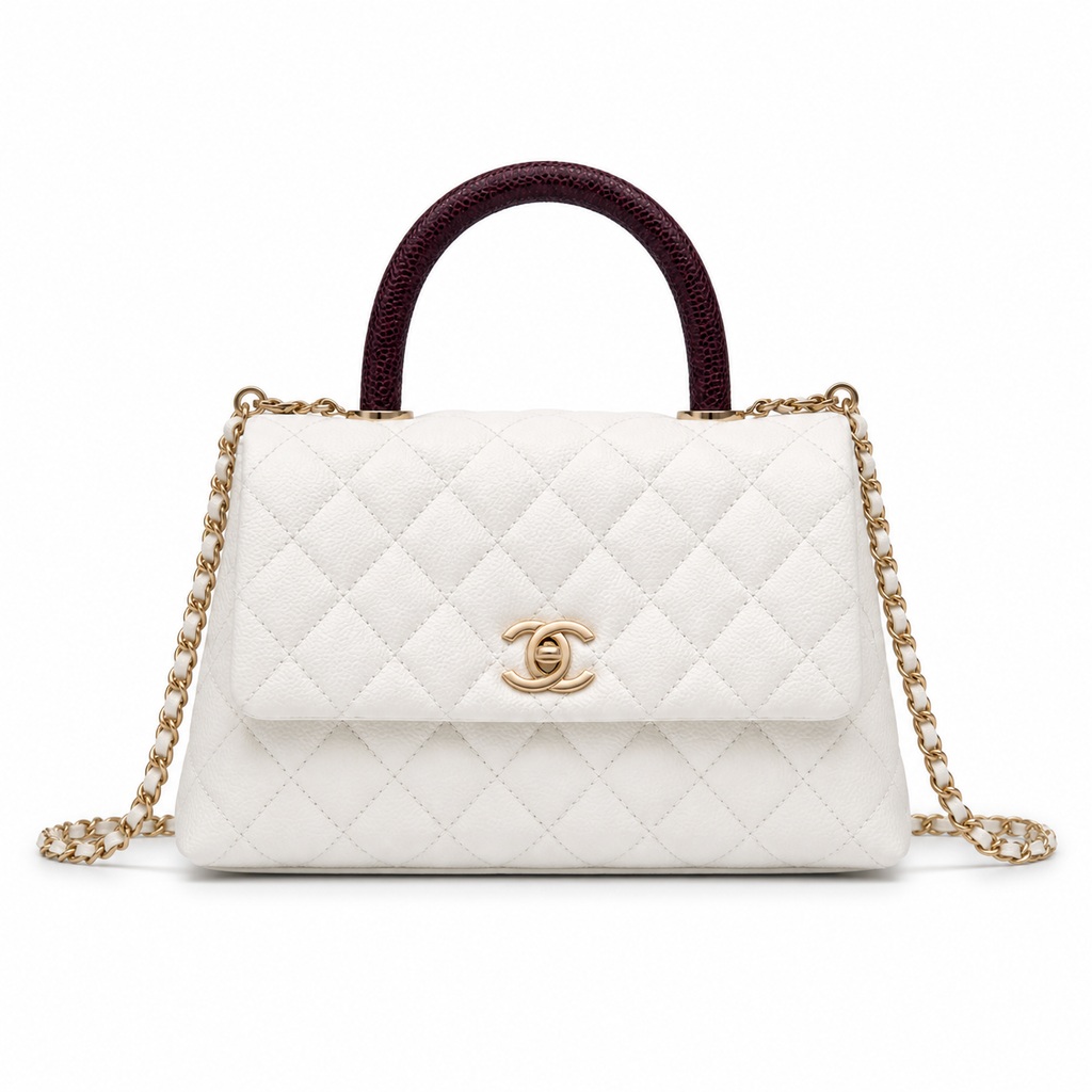 Chanel Coco Handle Quilted Caviar Bag White Burgundy Lizard Top Handle 24cm