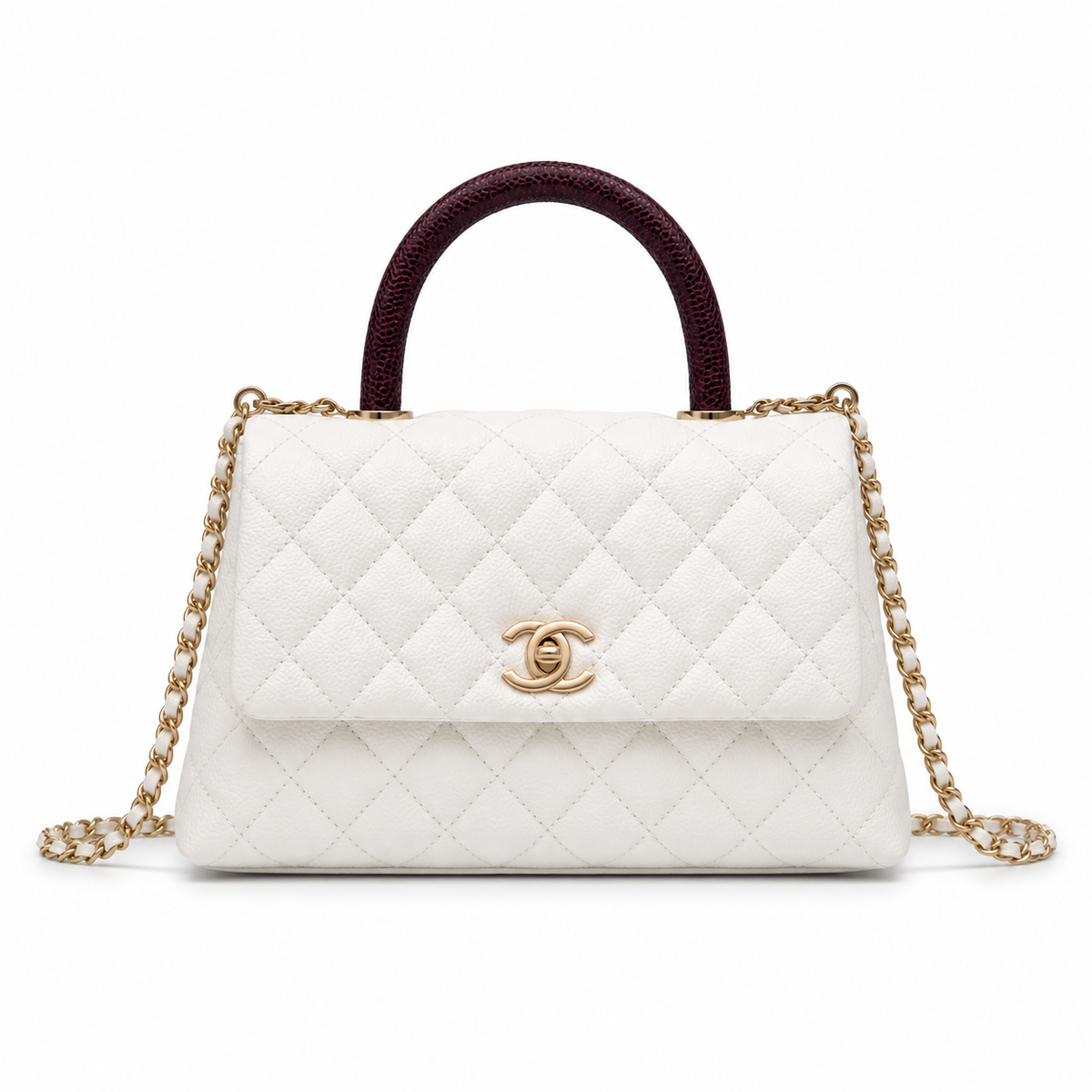 Chanel Coco Handle Quilted Caviar Bag White Burgundy Lizard Top Handle 24cm