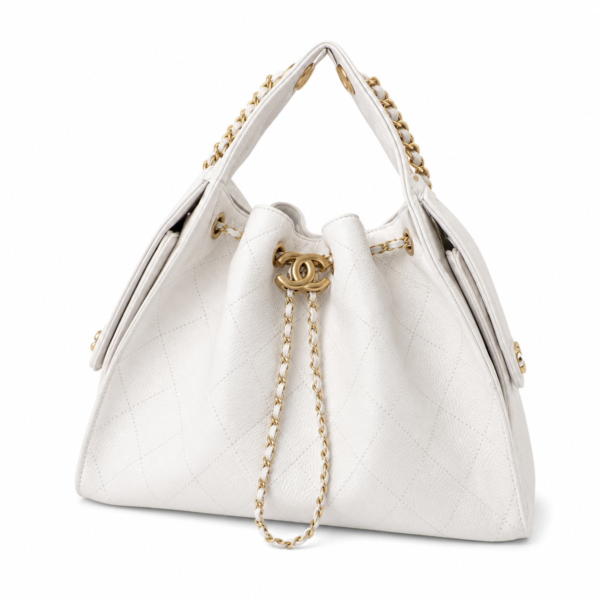 Chanel Quilted Leather Triangle Sling Backpack White Gold Hardware
