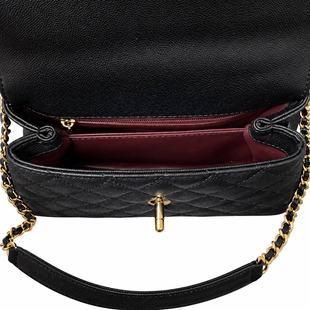 Chanel Black Caviar Quilted Top Handle Crossbody Bag Polished Gold Hardware CHANEL-Engraved Ring CC Lobster Clasp 23cm