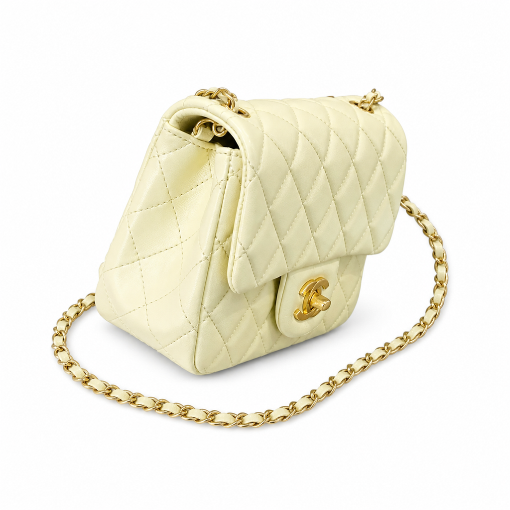 Chanel Pearl Crush Mini Square Flap Bag Cream Lambskin Gold Pearl Chain 18cm