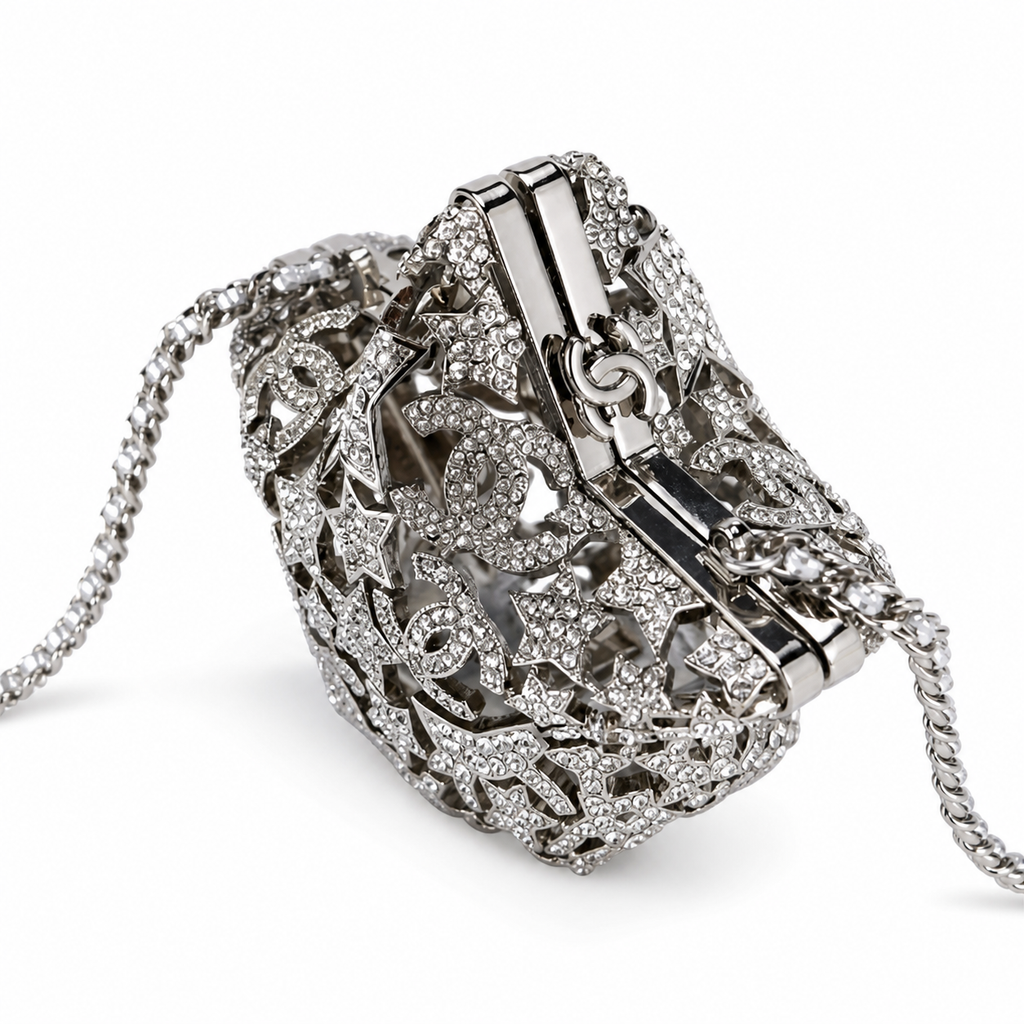 Chanel Silver Crystal Pavé Star Minaudière Evening Bag | CC Filigree | Gunmetal | 13cm