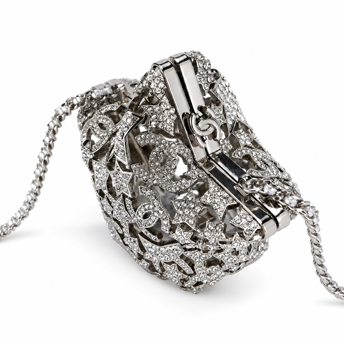 Chanel Silver Crystal Pavé Star Minaudière Evening Bag | CC Filigree | Gunmetal | 13cm