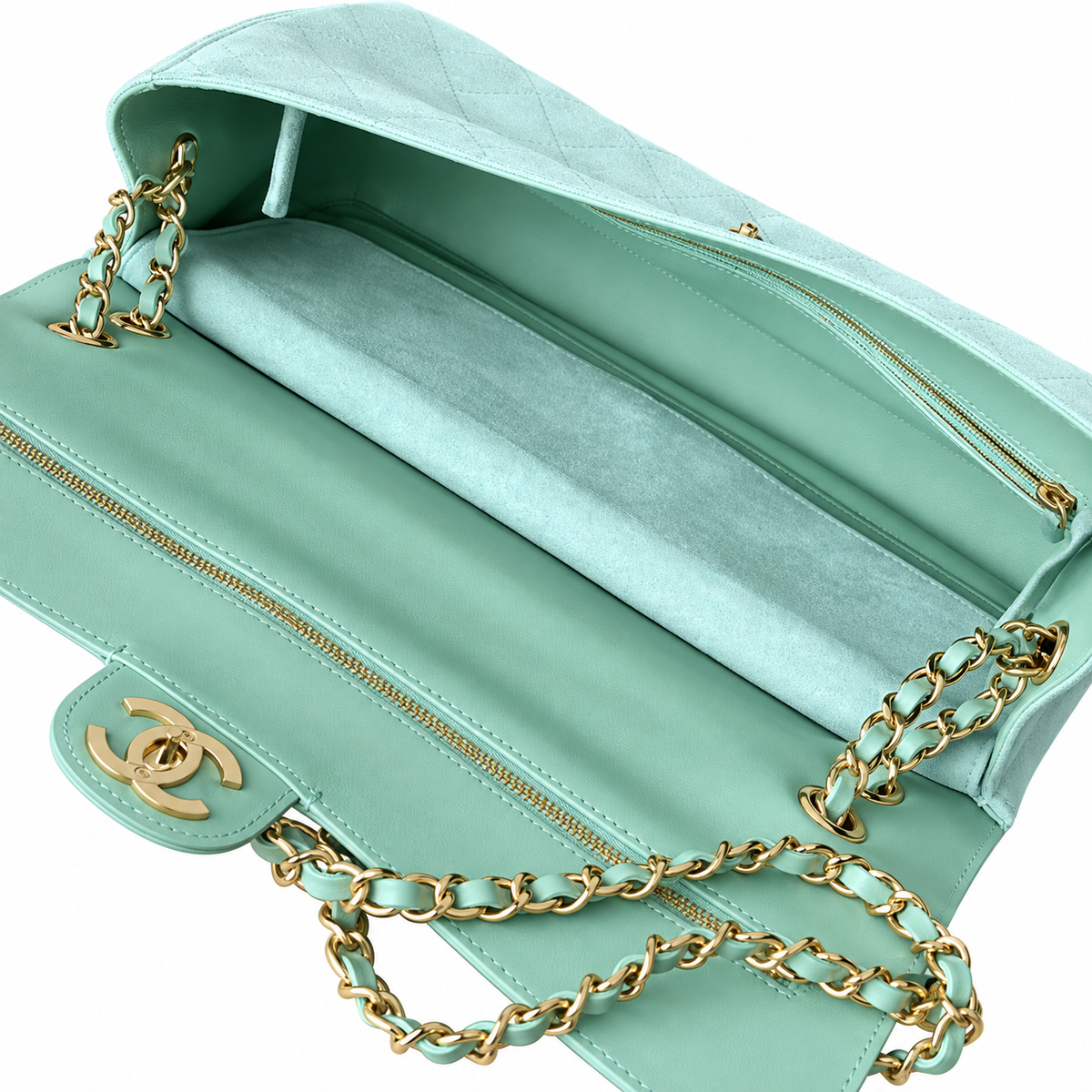 CHANEL Classic Double Flap Shoulder Bag – Mint Green Suede Aged Gold Hardware Jumbo 38.5×26×11cm