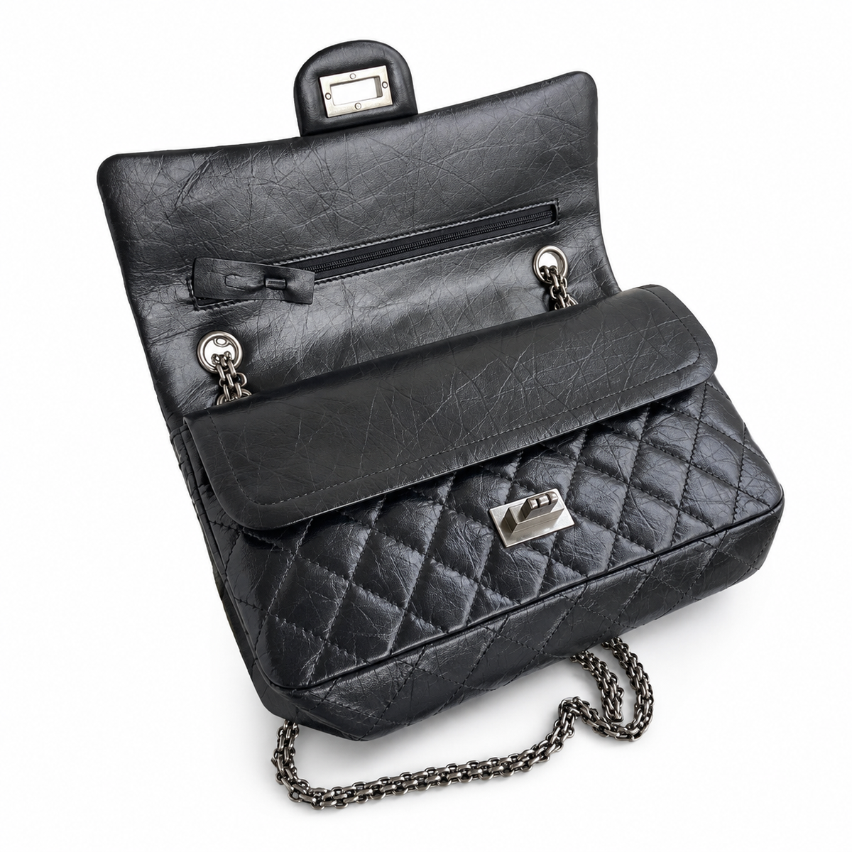 Chanel 2.55 Reissue 224 Mini Flap Bag Black Aged Calfskin Ruthenium Hardware 16cm