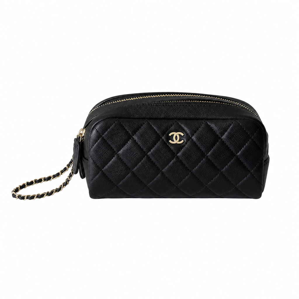 Chanel Black Lambskin Quilted Dome Demi-Lune Cosmetic Clutch Gold Zipper Silver Chain Wrist Strap Made in Italy 18cm
