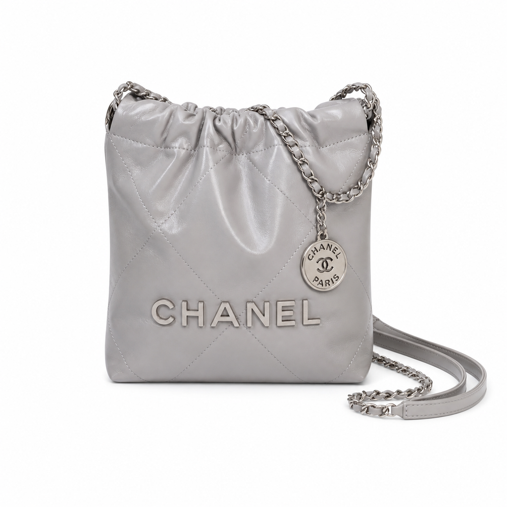 Chanel 22 Mini Bag Light Grey Quilted Lambskin Silver Chain 19cm