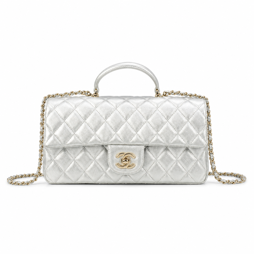 CHANEL Silver Metallic Quilted Lambskin Top Handle Mini Flap Chain Bag
