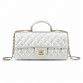 CHANEL Silver Metallic Quilted Lambskin Top Handle Mini Flap Chain Bag