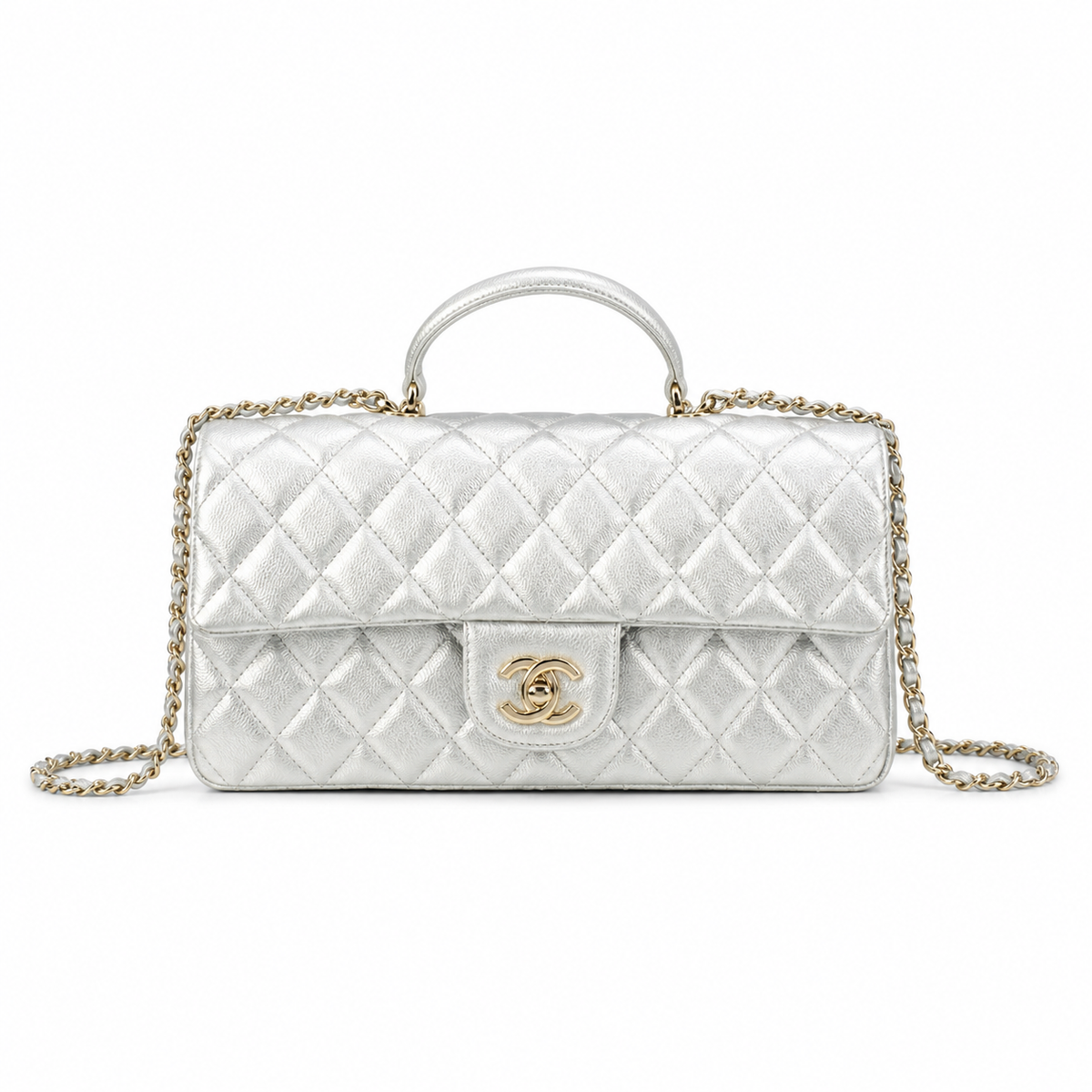 CHANEL Silver Metallic Quilted Lambskin Top Handle Mini Flap Chain Bag