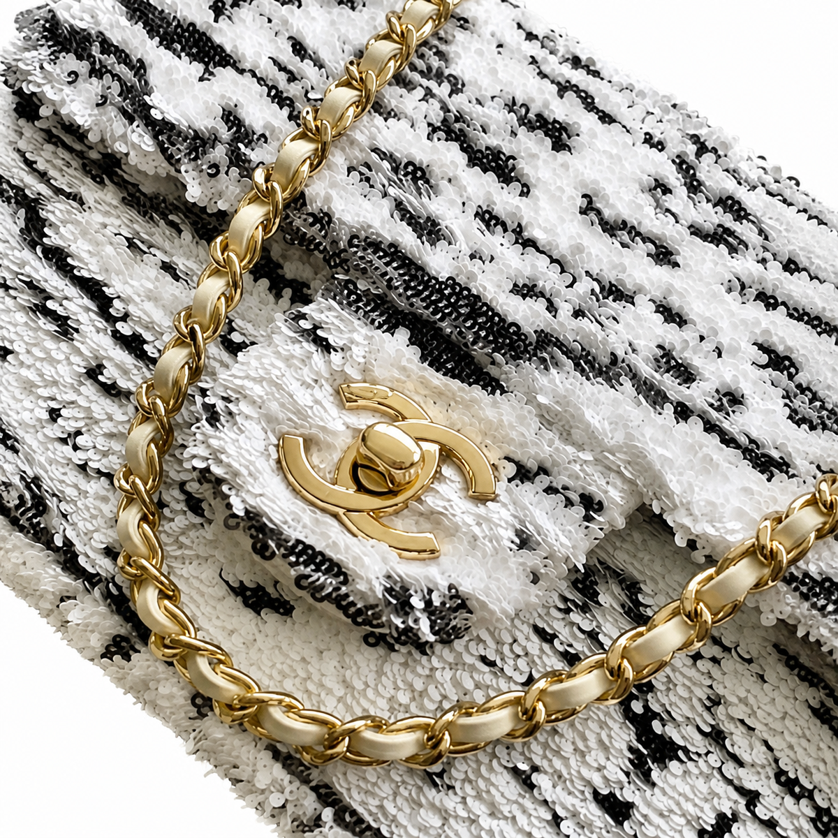 Chanel Black White Tweed Mini Flap Bag Gold Rope Chain CC Turn Lock