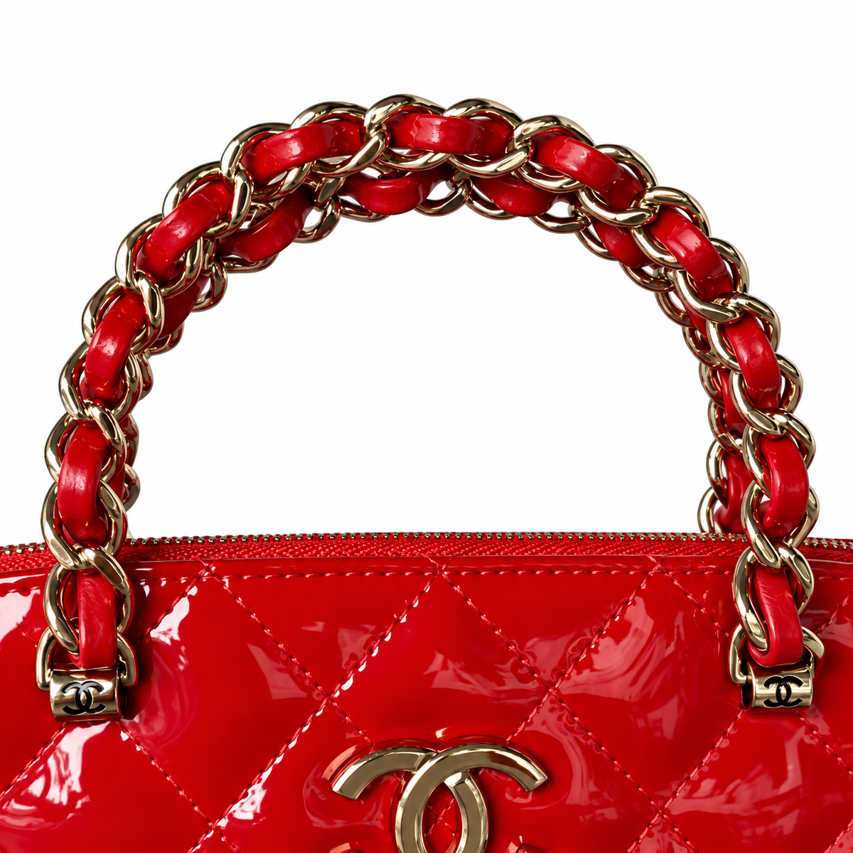 Chanel Red Patent Leather Quilted Dome Tote Bag | Gold CC Chain | 20.5×28.5×7cm