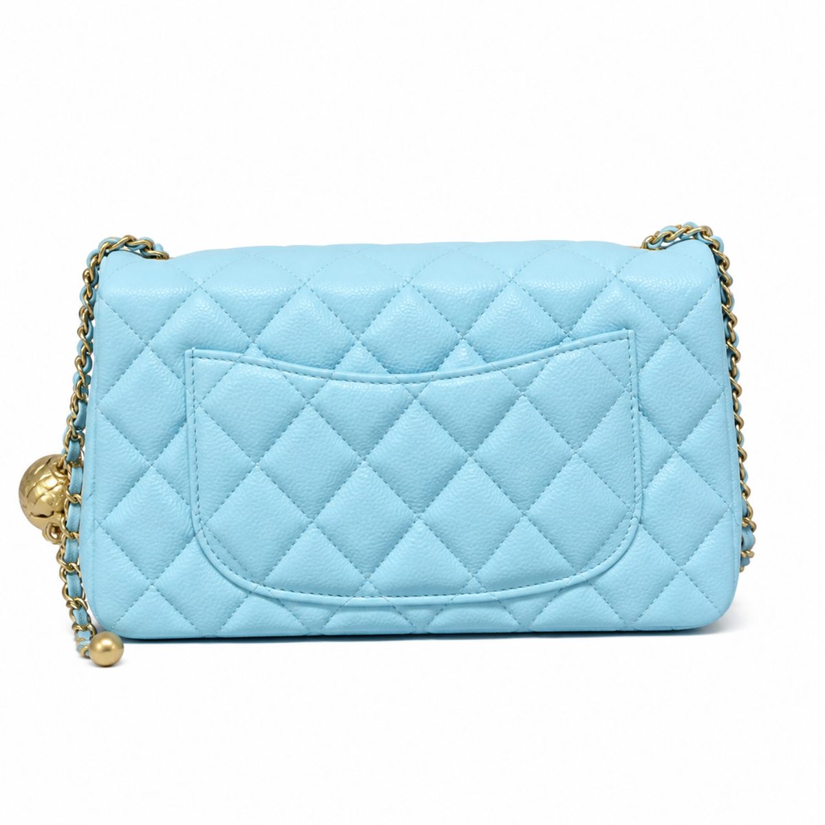 Chanel Pearl Crush Mini Rectangle Flap Bag Sky Blue Lambskin Gold Pearl Chain 20cm