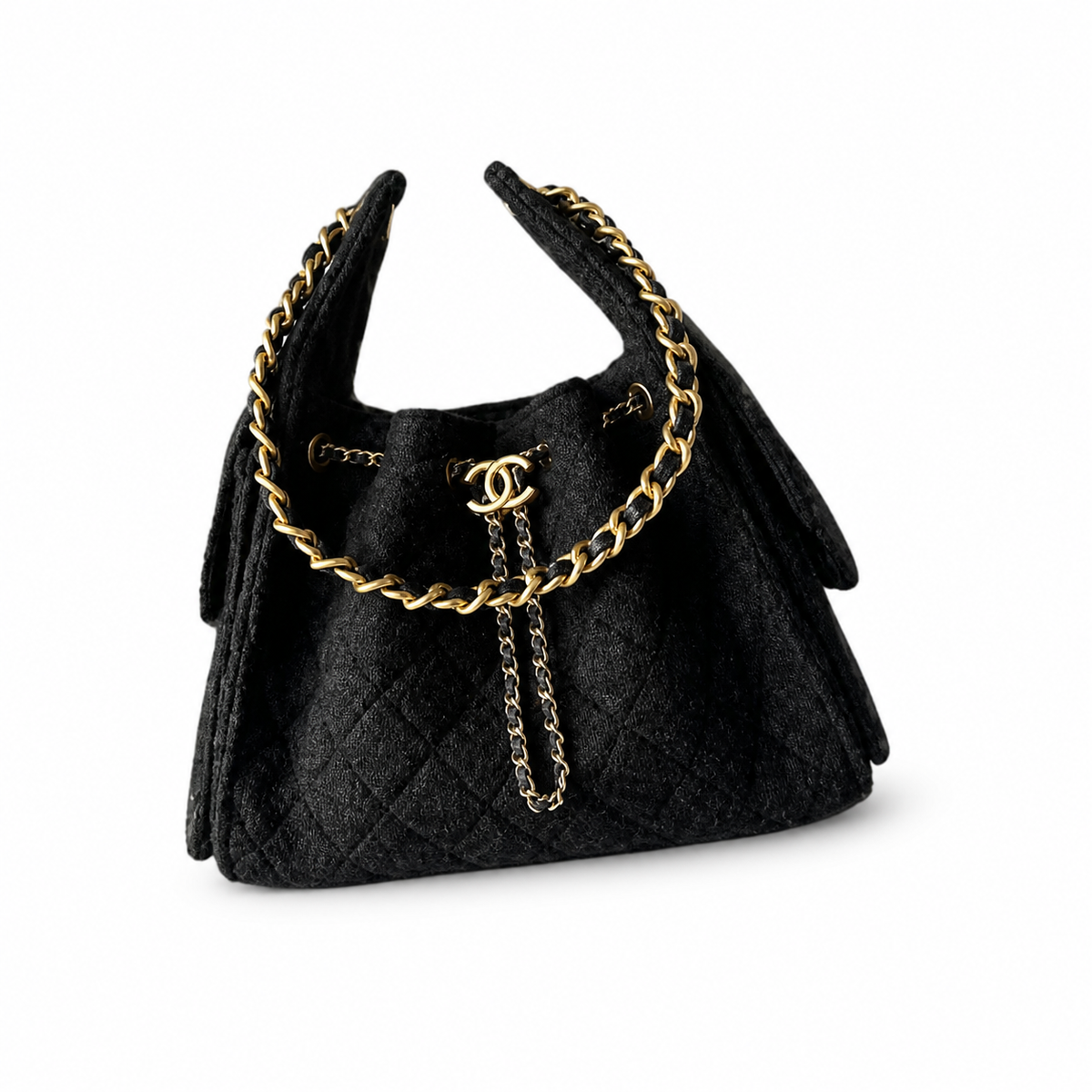 Chanel Black Tweed Drawstring Bucket Bag Aged Gold CC Chain Large 30cm