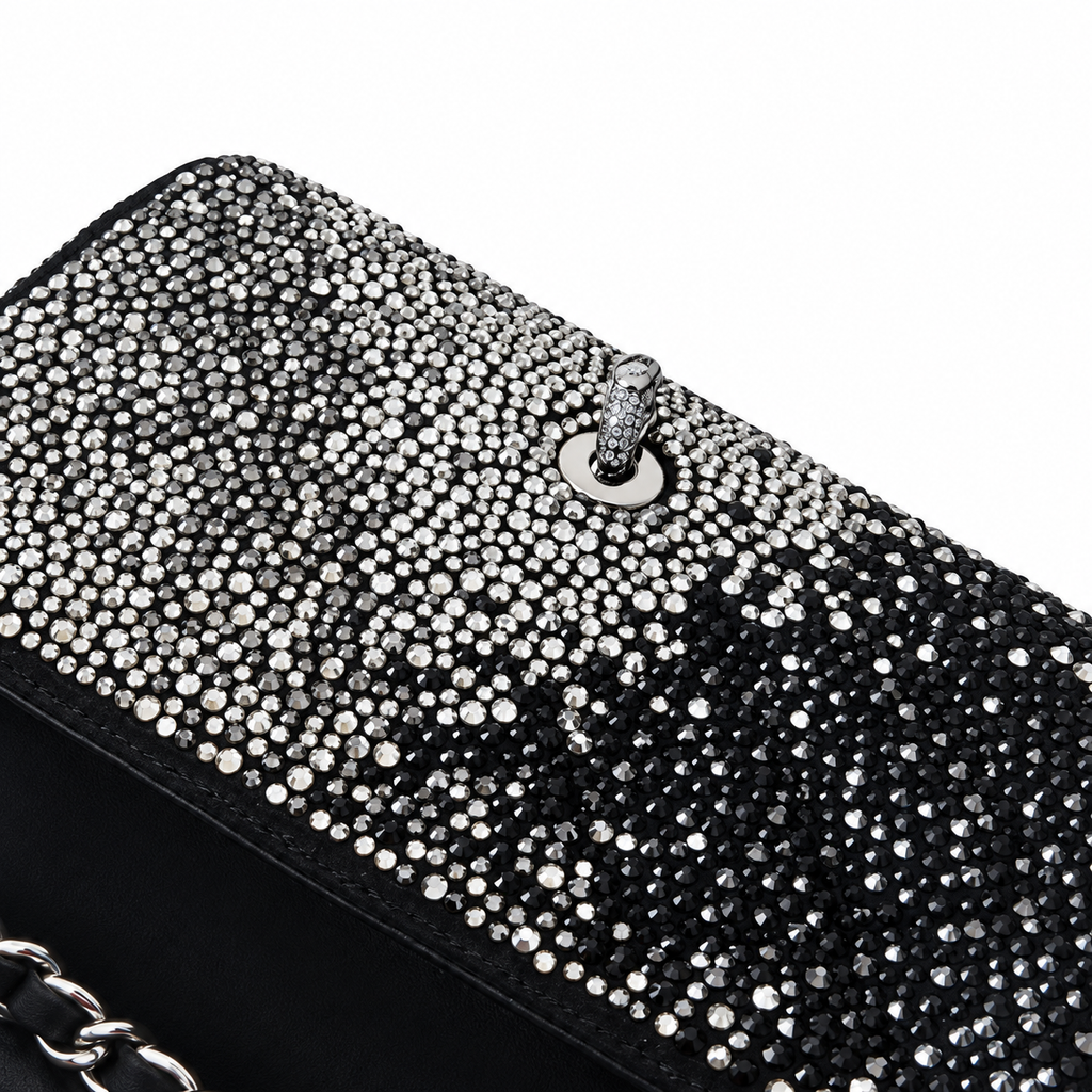 Chanel Black & Silver Crystal Leopard Print Rhinestone Mini Flap Evening Bag | Silver CC | Chain | 20cm