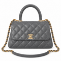 Chanel Gray Caviar Quilted Coco Handle Bag Aged Gold Hardware Back Pocket Chain Strap Made in Italy 23cm