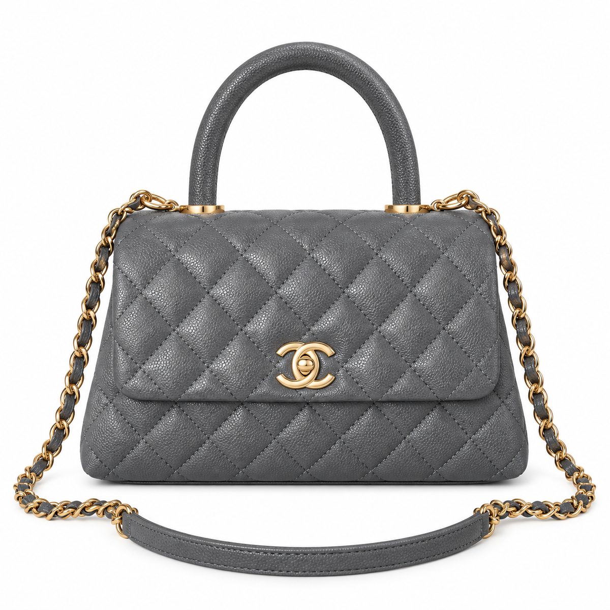 Chanel Gray Caviar Quilted Coco Handle Bag Aged Gold Hardware Back Pocket Chain Strap Made in Italy 23cm