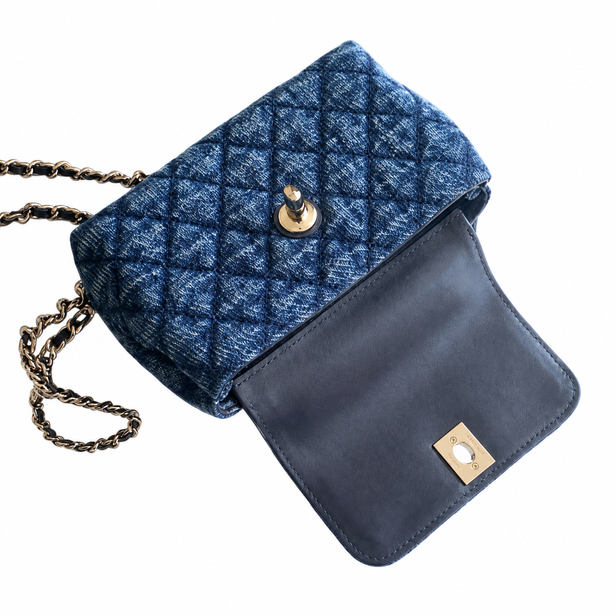 Chanel Navy Blue Denim Quilted Coco Handle Mini Flap Bag | Gold Chain | 11.5×14.5×5.5cm