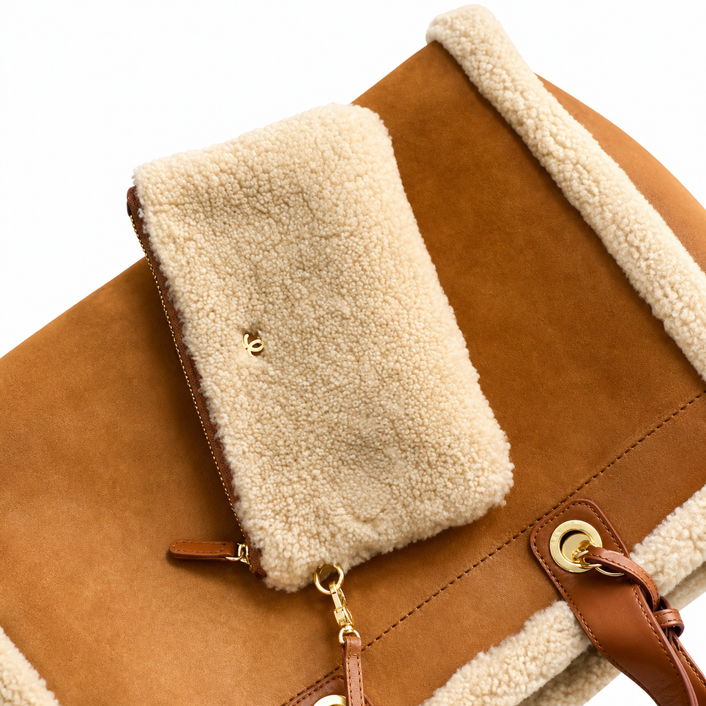 CHANEL Deauville Shopping Tote – Caramel Brown Suede Ivory Shearling Trim Gold Hardware 38cm