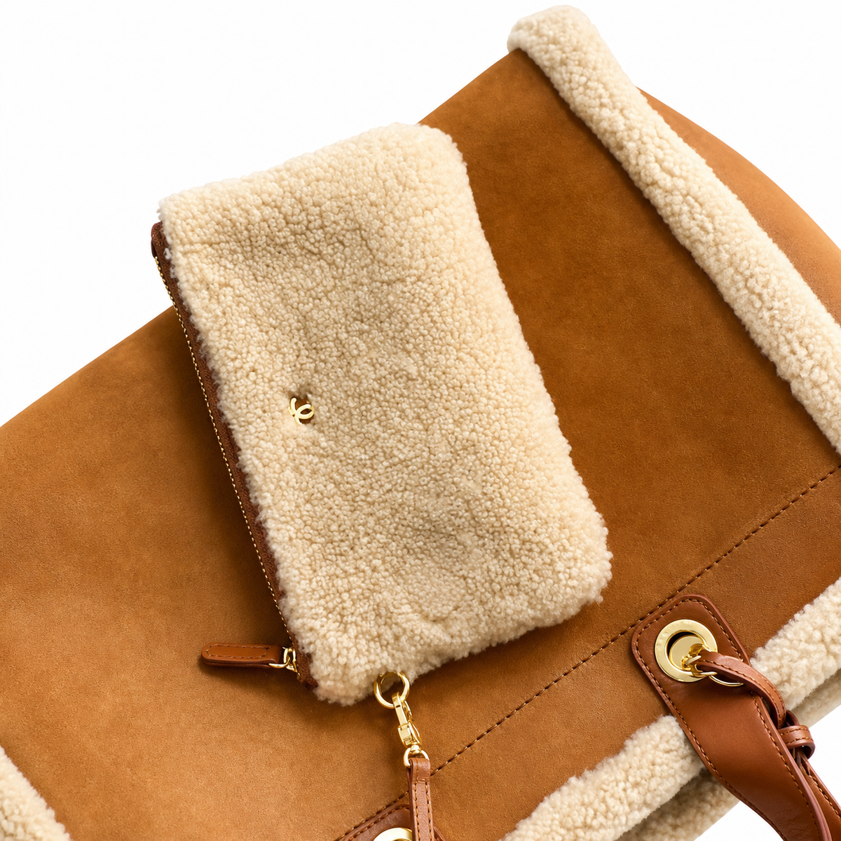CHANEL Deauville Shopping Tote – Caramel Brown Suede Ivory Shearling Trim Gold Hardware 38cm