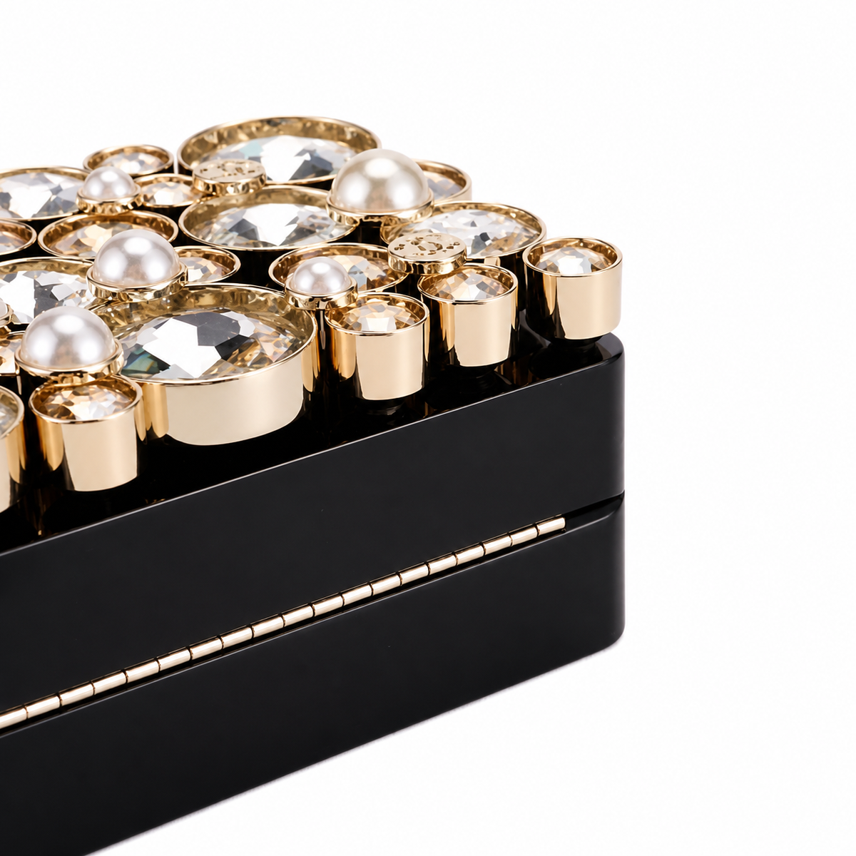 Chanel Black Crystal & Pearl Embellished Evening Box Clutch | Gold Chain | 16×11.6×6.8cm