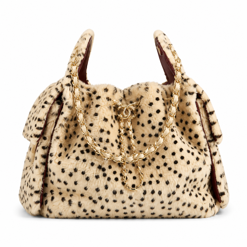 Chanel Spotted Faux Fur Fluffy Flap Bag Beige Black Gold Chain