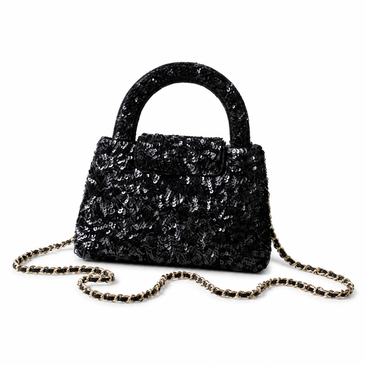 Chanel Black Sequin Cylinder Roll Evening Bag Silver Chain Clutch Crossbody