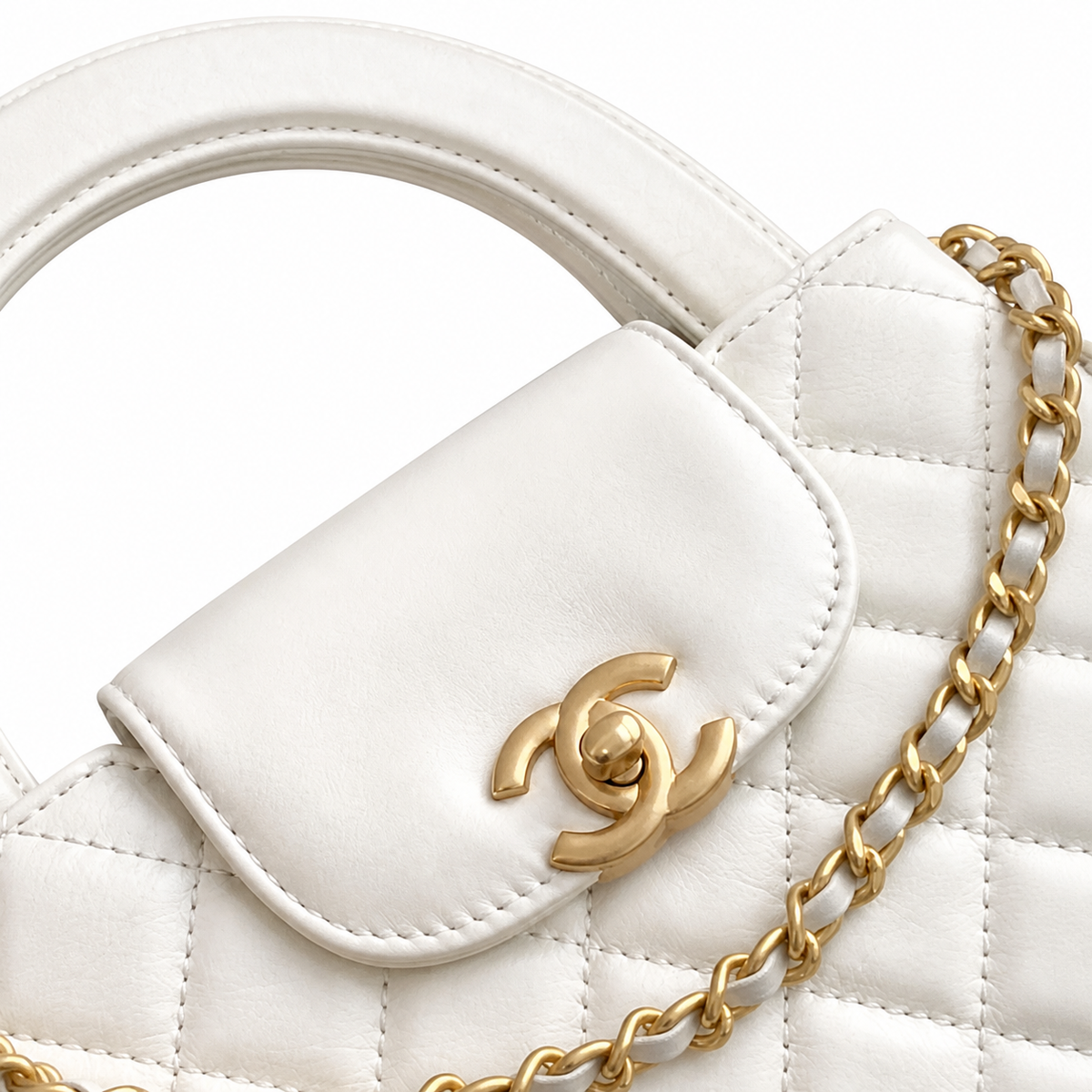Chanel Off-White Quilted Lambskin Mini Kelly Top Handle Bag Aged Gold CC Chain