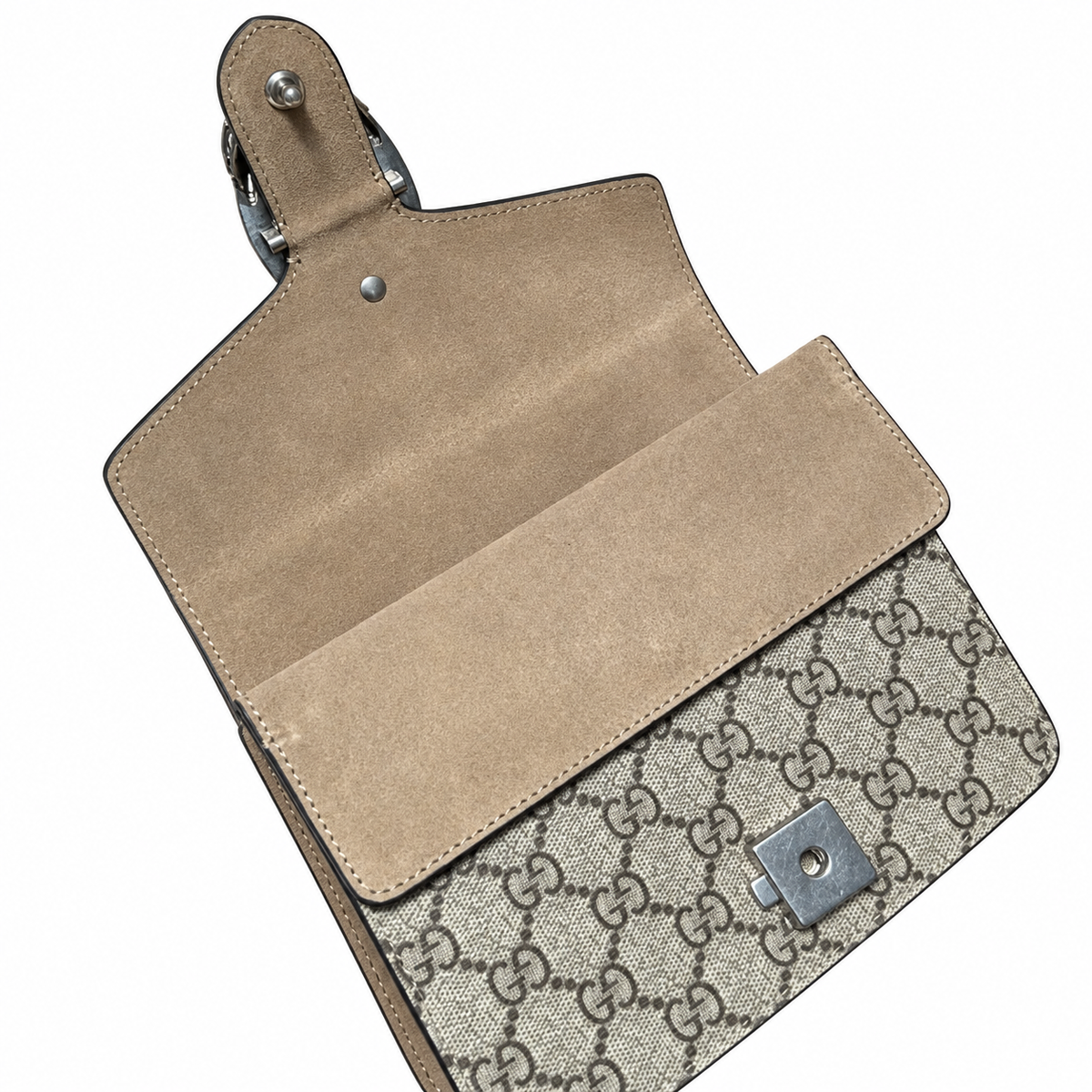 Gucci Dionysus Small Bag in GG Supreme Canvas with Taupe Leather Trim