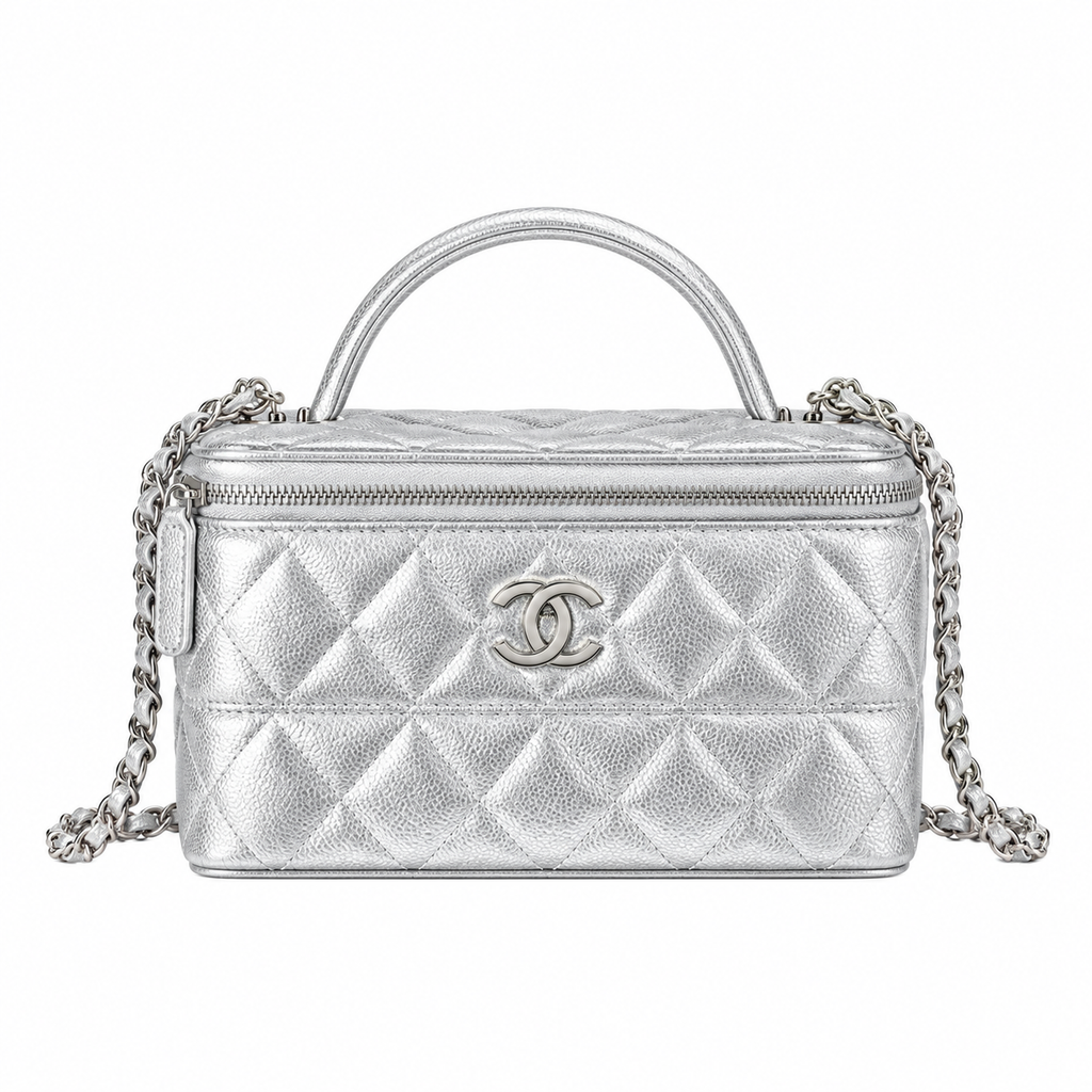 Chanel CC Embossed Metallic Caviar Vanity Case Silver 17cm