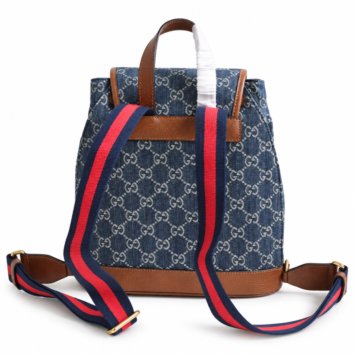 Gucci GG Denim Canvas Small Backpack with Brown Leather Trim