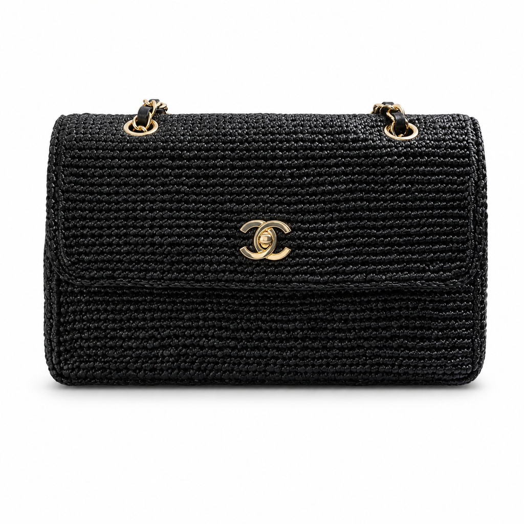 Chanel Black Raffia Woven Classic Flap Shoulder Bag | Gold CC Turn-Lock | Chain Strap | 16×25.5×7cm