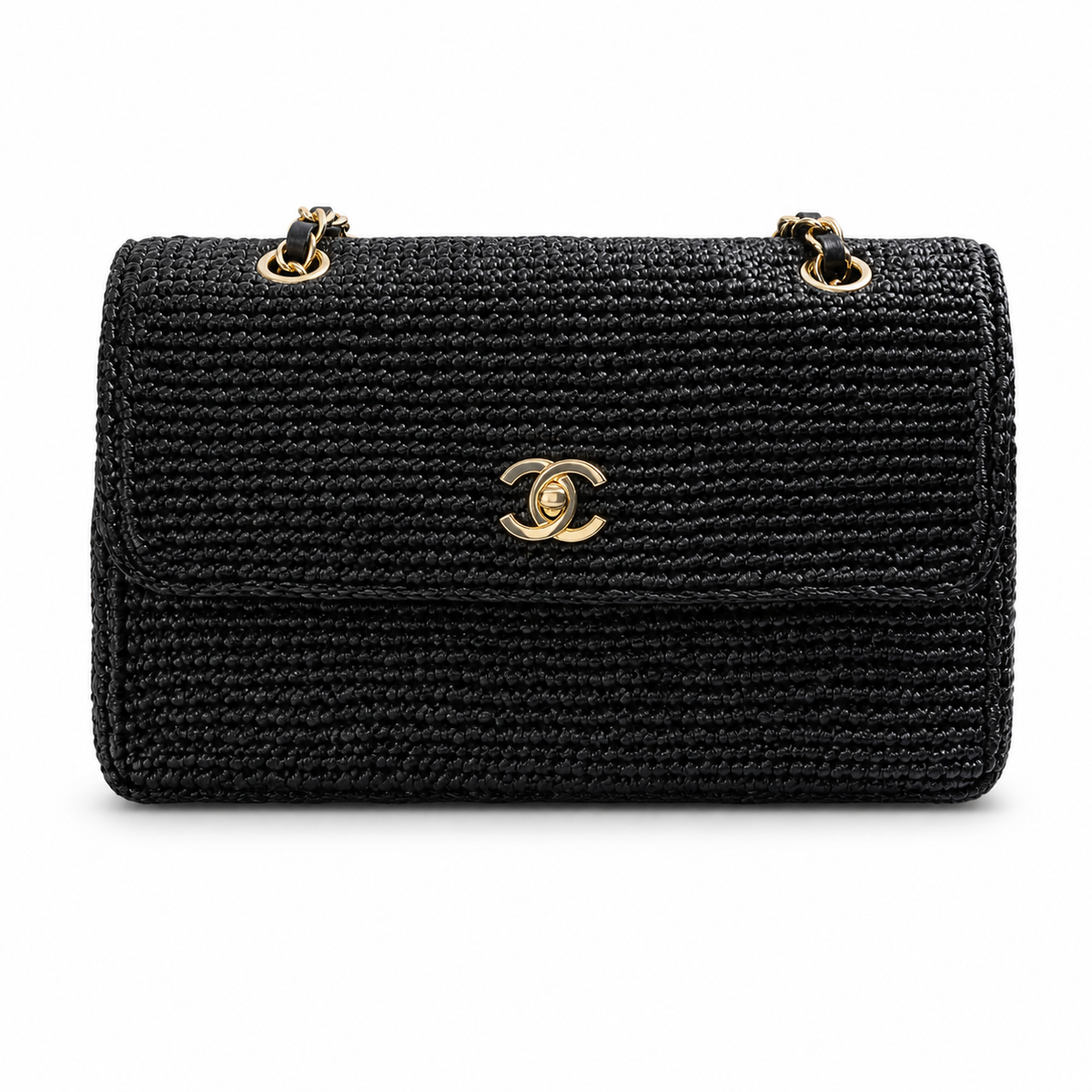 Chanel Black Raffia Woven Classic Flap Shoulder Bag | Gold CC Turn-Lock | Chain Strap | 16×25.5×7cm