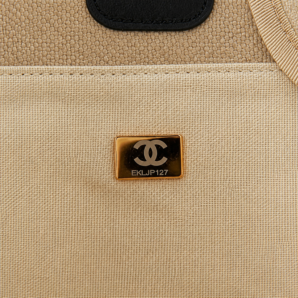 Chanel Deauville Tote Large Beige Canvas Black Leather Handles Gold Chain Shoulder Bag 39cm