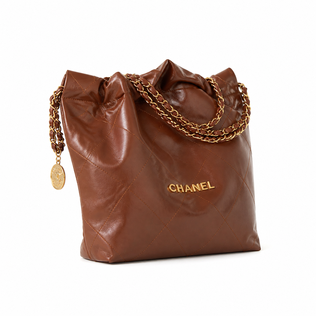 Chanel 22 Large Bag Dark Brown Shiny Calfskin Gold CHANEL Logo Chain CC Medallion 35cm