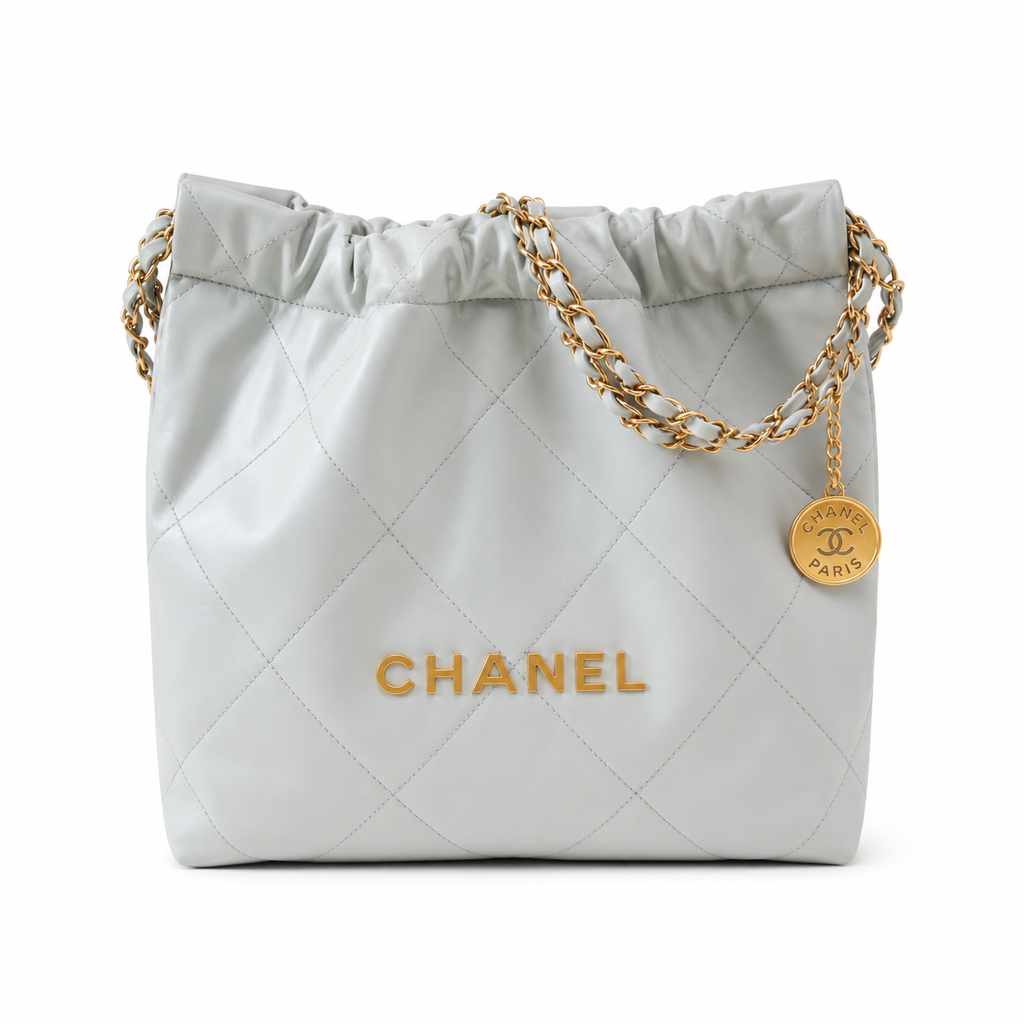Chanel 22 Large Bag Pale Blue Grey Quilted Calfskin Gold Chain CC Medallion 35cm