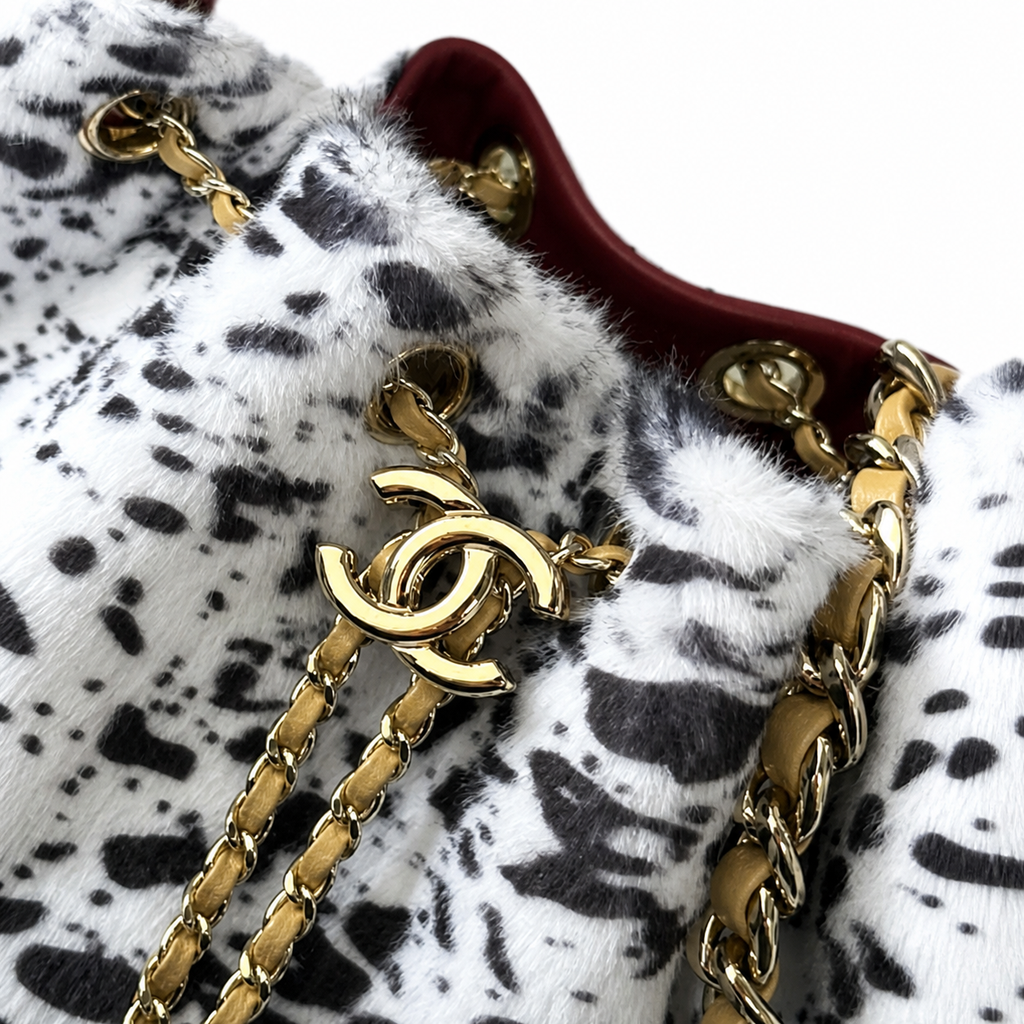 Chanel Black White Dalmatian Faux Fur Quilted Flap Bag Gold Chain