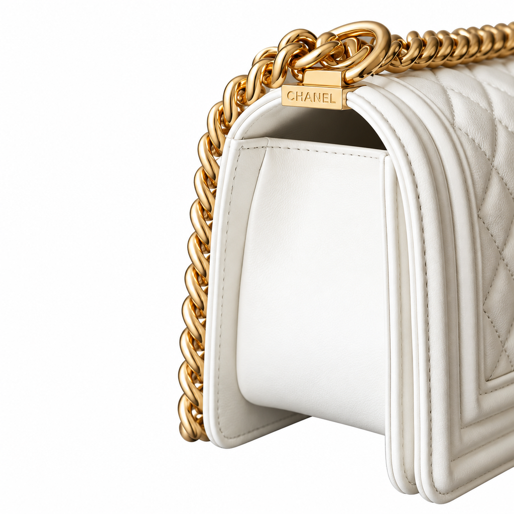 Chanel Boy Bag Small White Quilted Lambskin Antique Gold Chunky Chain CC Lock 20cm